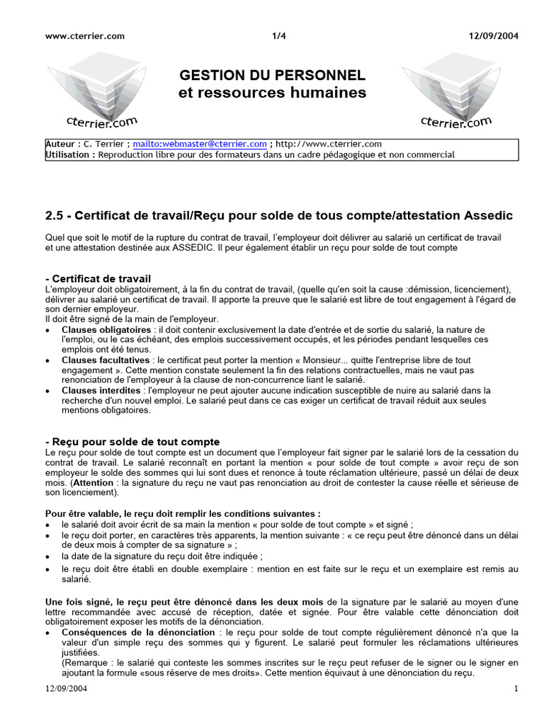 Certificats de travail et attestations ASSEDIC | PDF | Éthique des ...