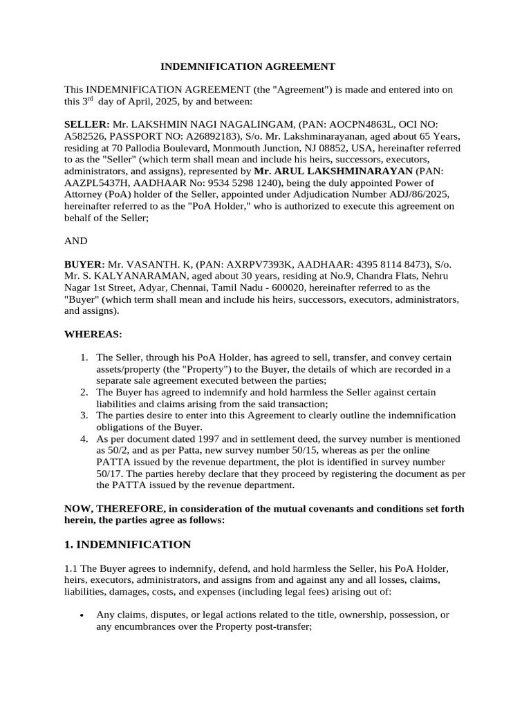 Indemnification Agreement for Property Sale | PDF | Indemnity | Legal ...