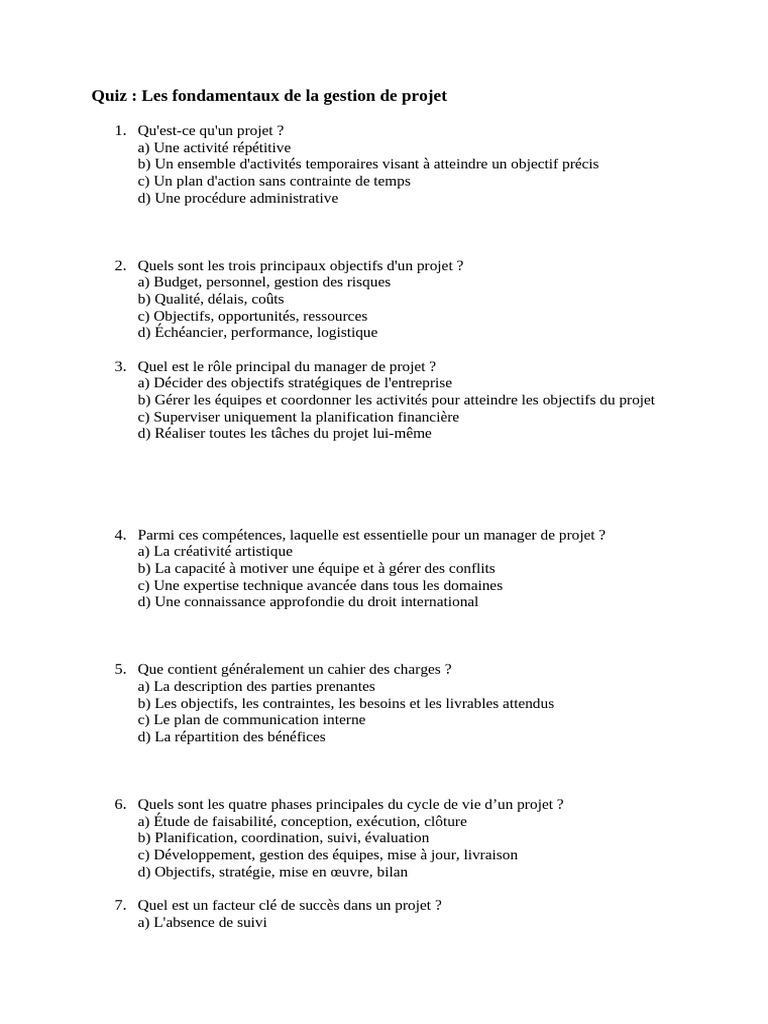 Quiz sur les fondamentaux de la gestion de projet | PDF | Business