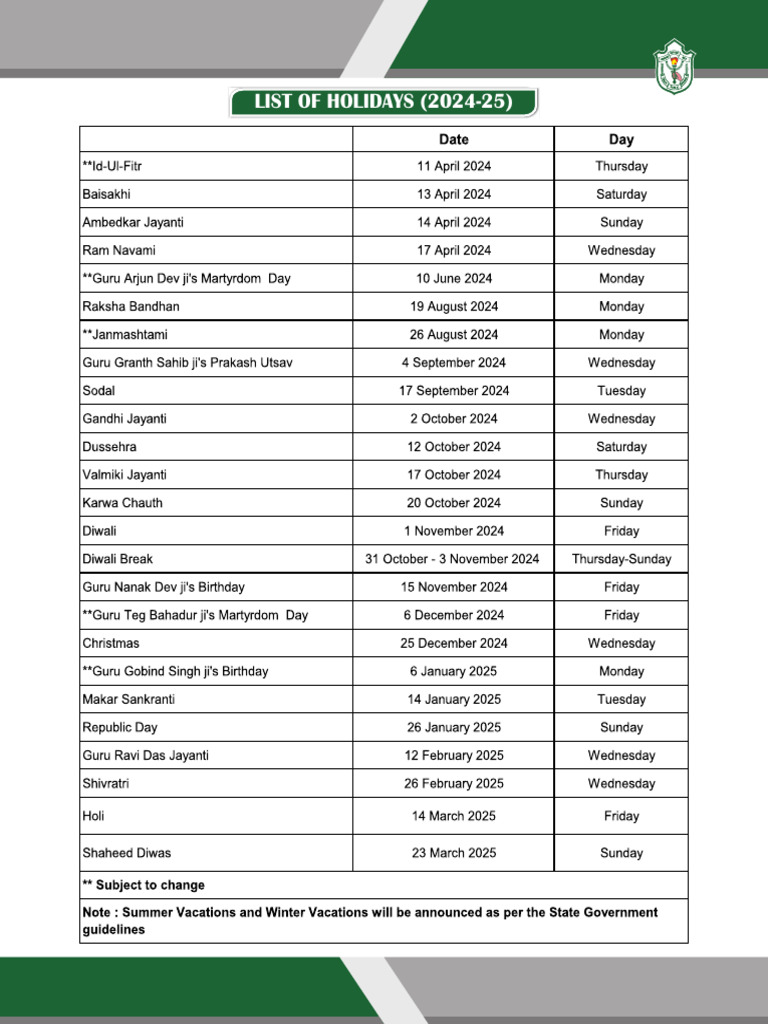 List of Holidays | PDF