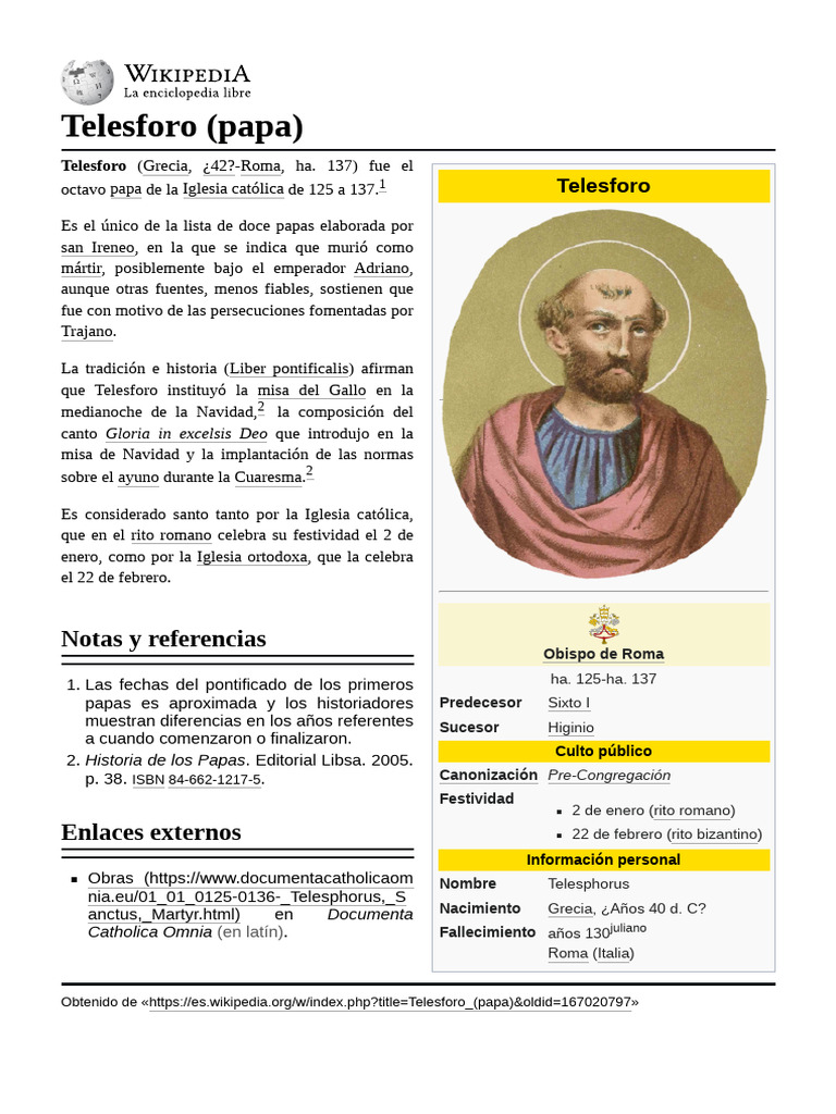 Telesforo: Octavo Papa y Mártir | PDF