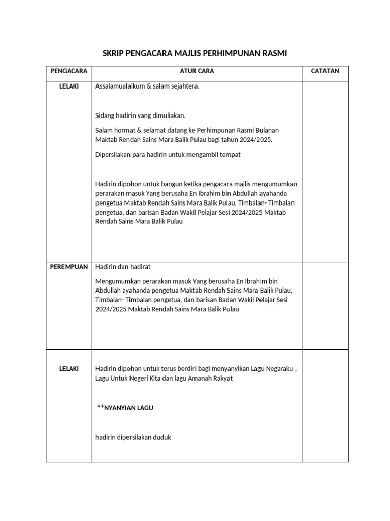 Skrip Perhimpunan MRSM Balik Pulau | PDF