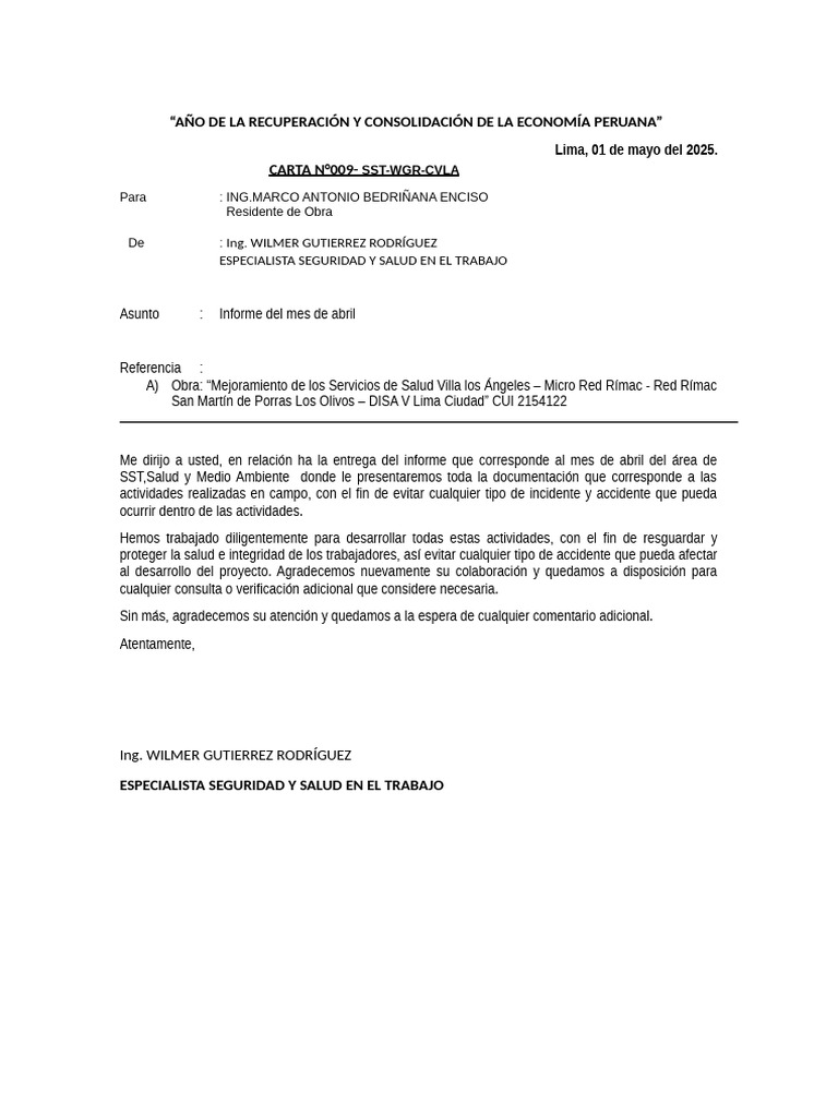 CARTA PARA ENTREGAR LOS INFORMES Marzo | PDF