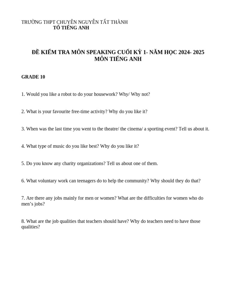 Speaking Topics 10-11-12 HK1 | PDF | Chess | Chess Theory