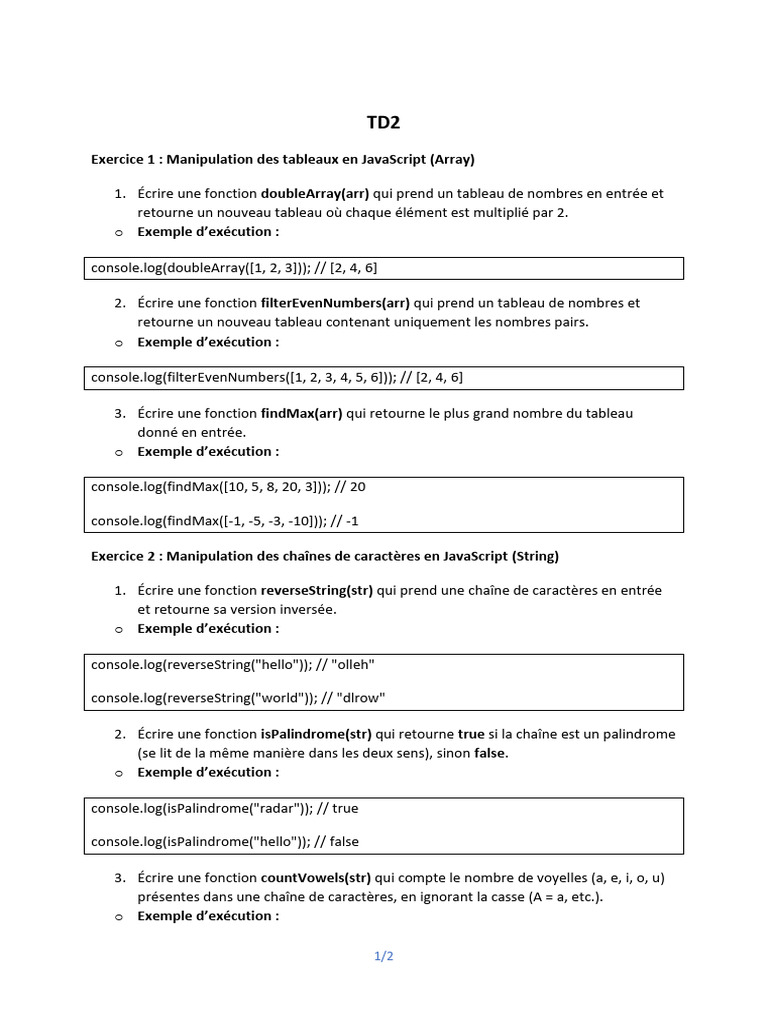 Exercices JavaScript : Tableaux, Chaînes, Objets | PDF | JavaScript ...