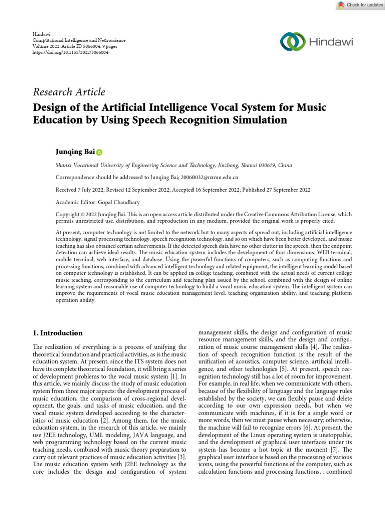 Computational Intelligence and Neuroscience - 2022 - Bai - Design of ...