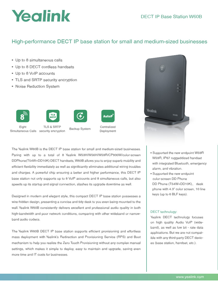 Yealink W60B Datasheet V1.1 | PDF | Voice Over Ip | Internet