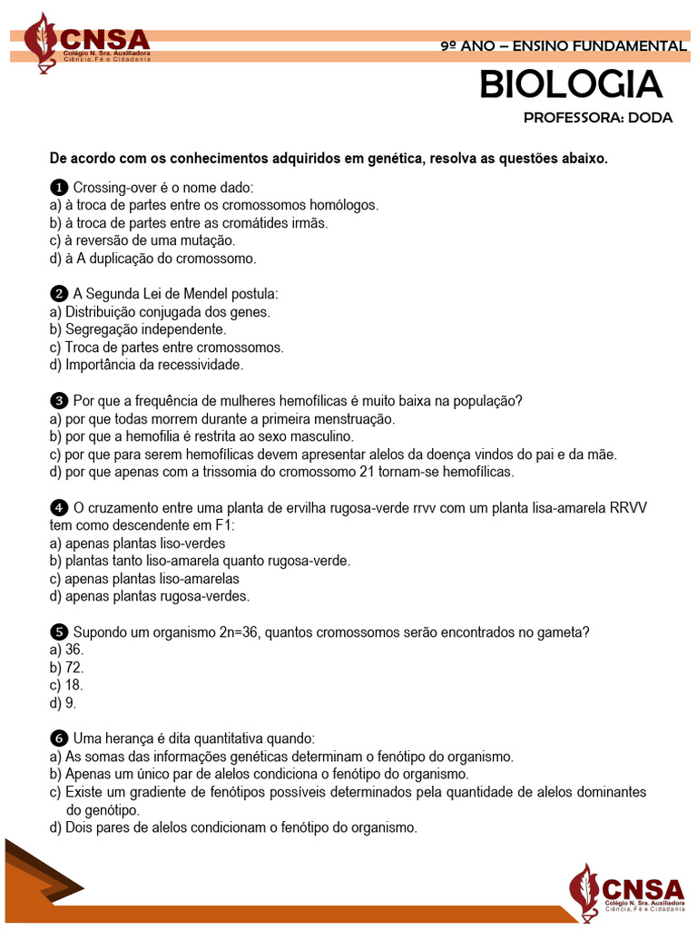 Exercícios de Genética para 9º Ano | PDF | Reprodução sexual | Alelo