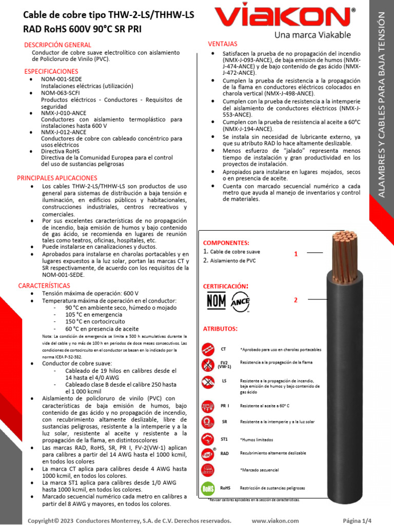 Cables de Cobre THW-2-LS Viakon 600V | PDF | Cobre | Aislador