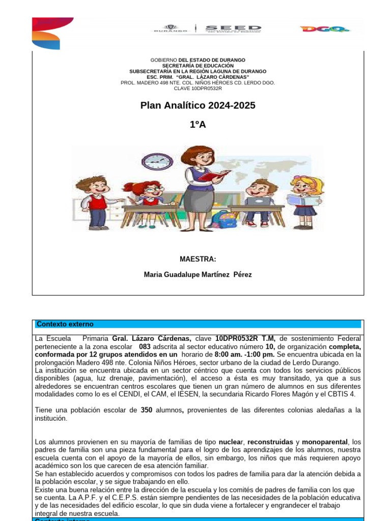 Plan Analítico 2024-2025 1ºA Durango | PDF | Escritura | Escuelas