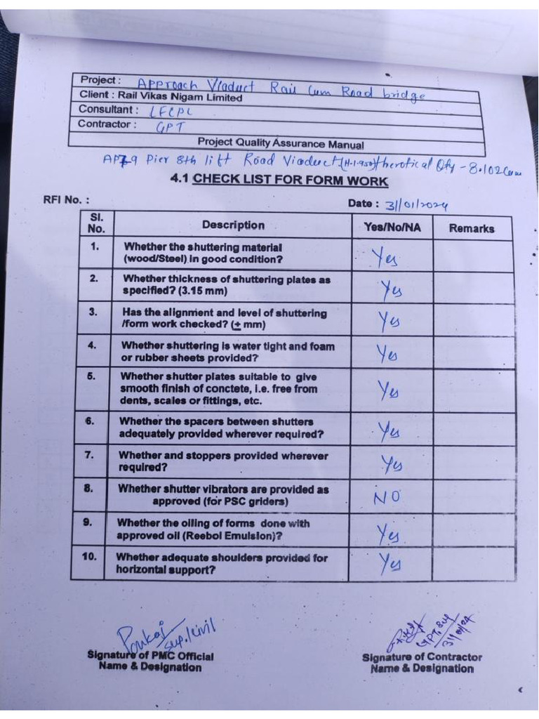 AP79 Pier 8th Lift Checklist | PDF