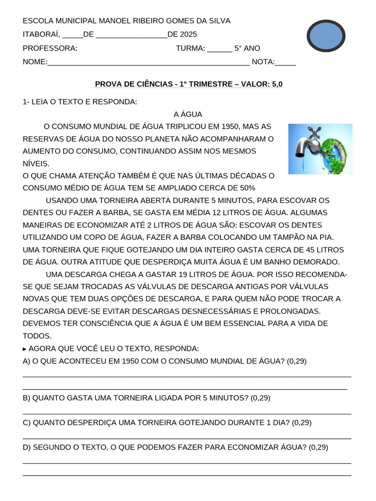PROVA CIÊNCIAS 5 ANO | PDF | Planetas | Sistema Solar