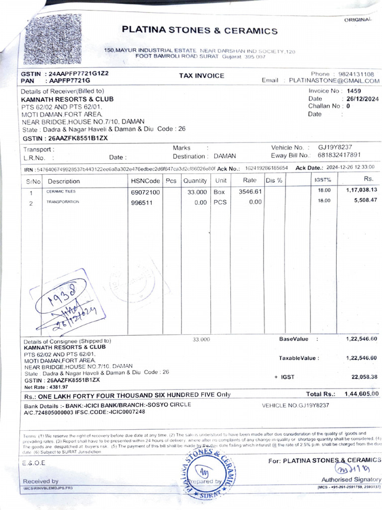 Platina Stones & Ceramics Invoice | PDF
