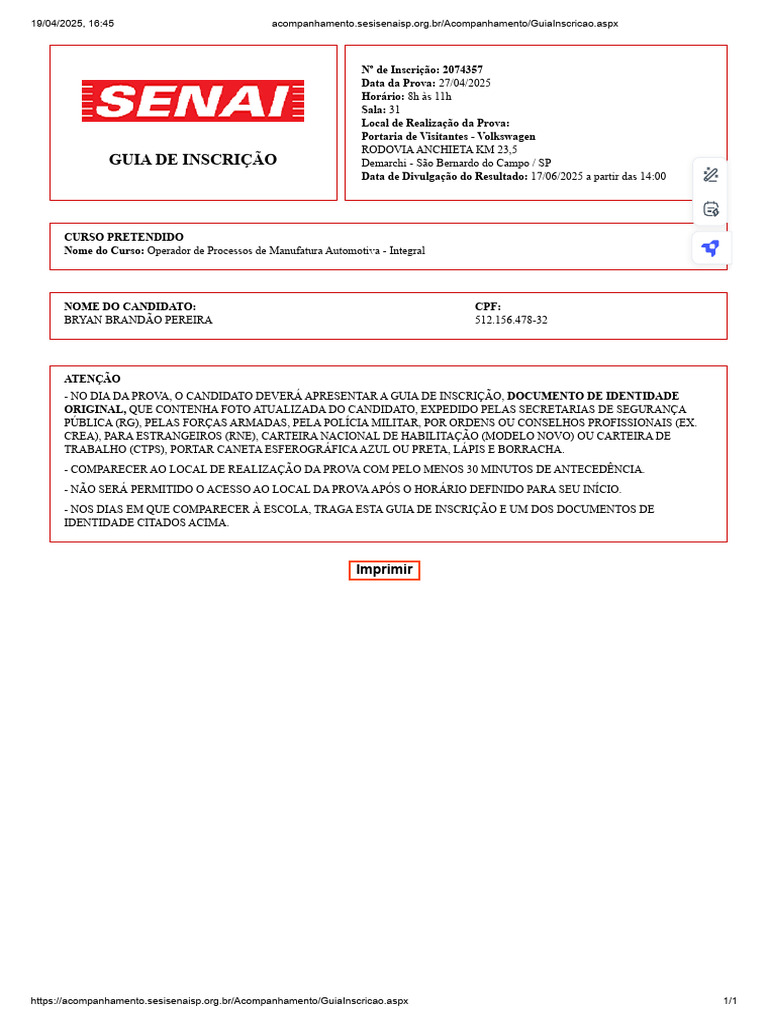 Guia de Inscrição para Prova 2025 | PDF