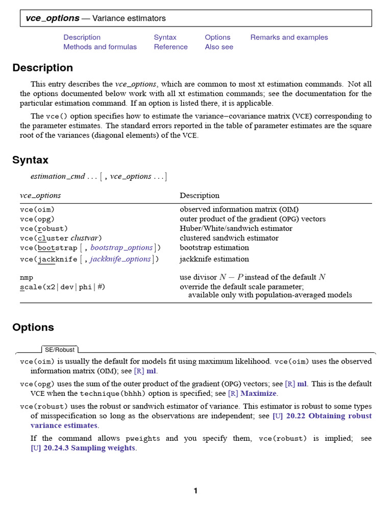 VCE Options for Variance Estimators | PDF | Resampling (Statistics ...