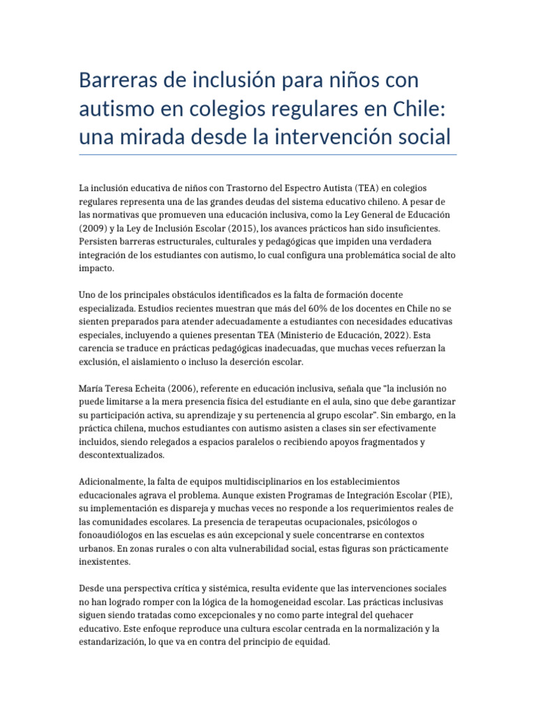 Inclusión de niños con autismo en Chile | PDF | Autismo | Inclusión ...