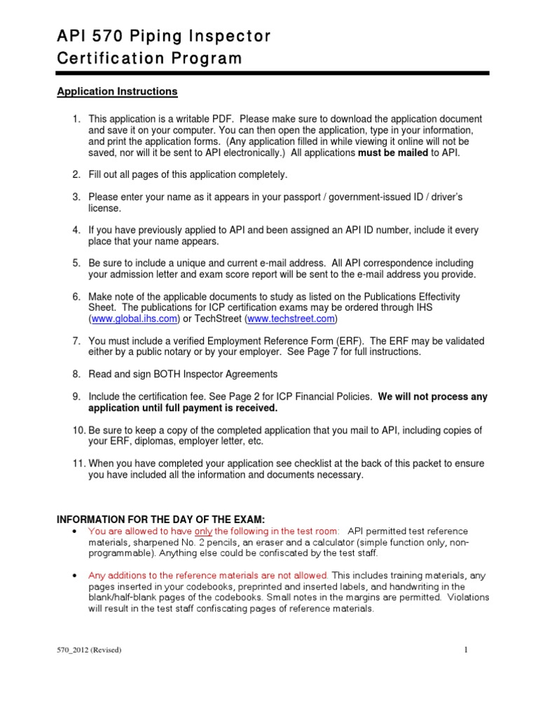 API 570 Piping Inspector Certification Program: Application ...