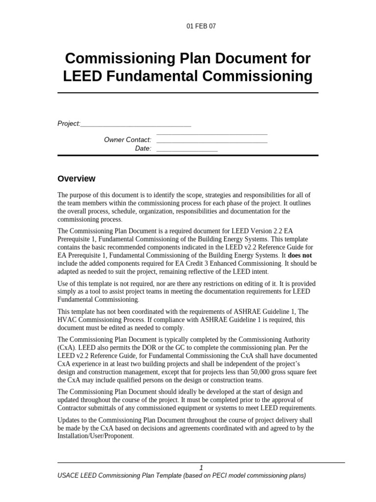 LEED Commissioning Plan Template | PDF | Specification (Technical ...