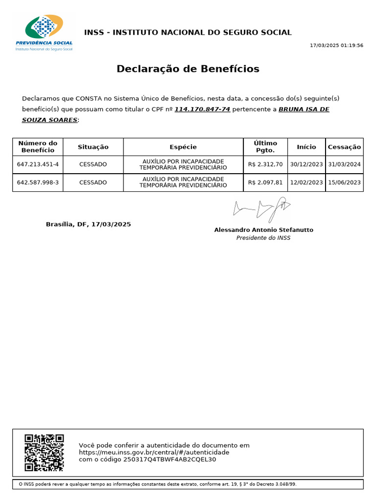 Benefícios Cessados do INSS - Bruna Soares | PDF