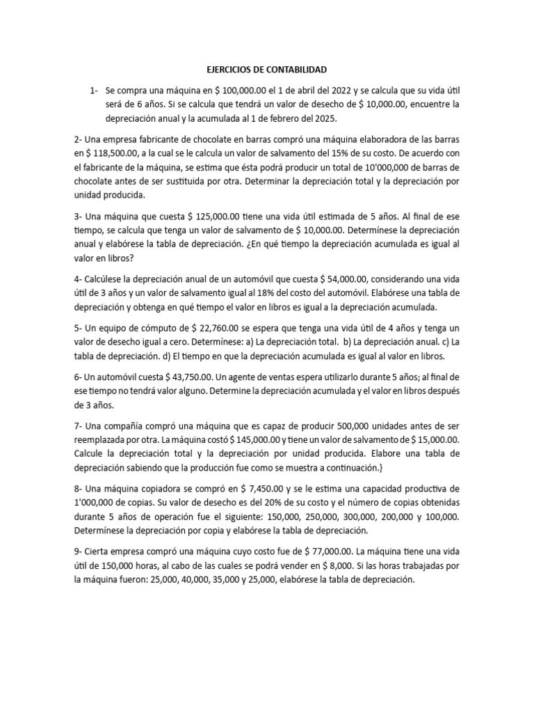 Ejercicios Prácticos de Depreciación y Amortización | PDF ...