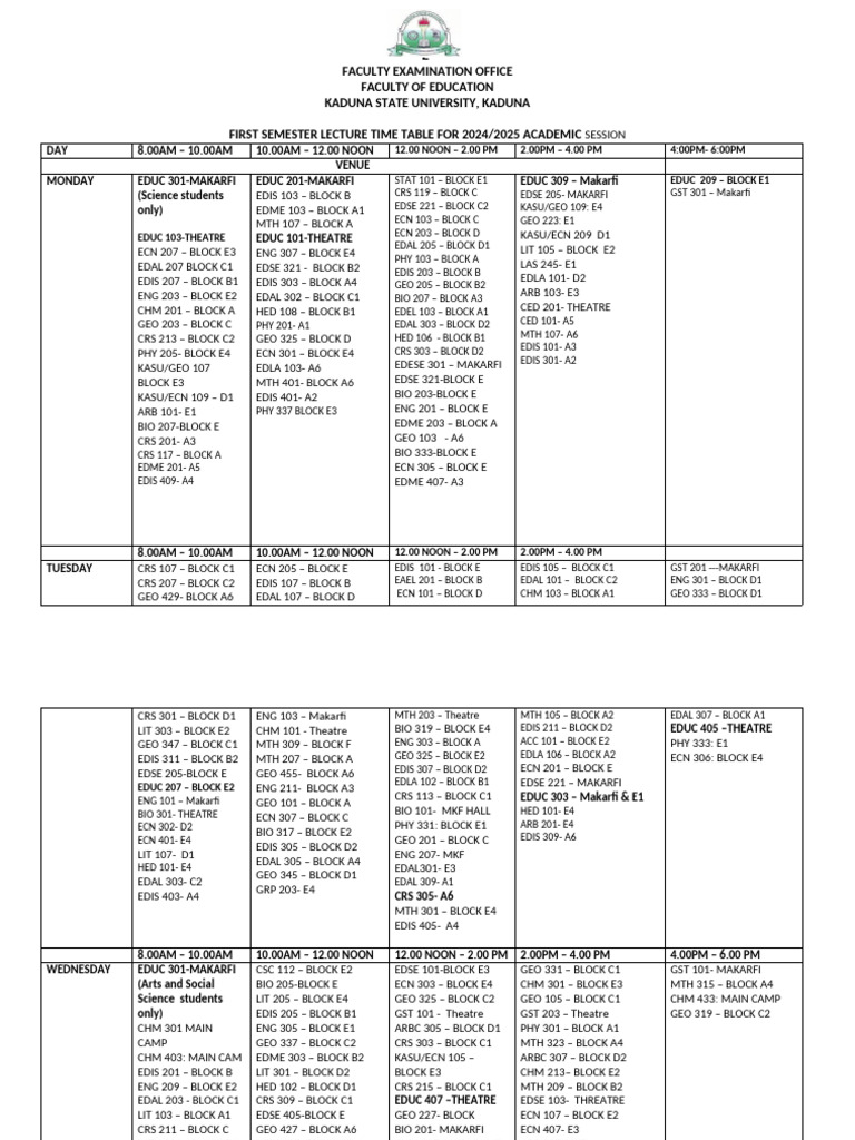 Lectures Time Table For First Semester 2025 Session | PDF