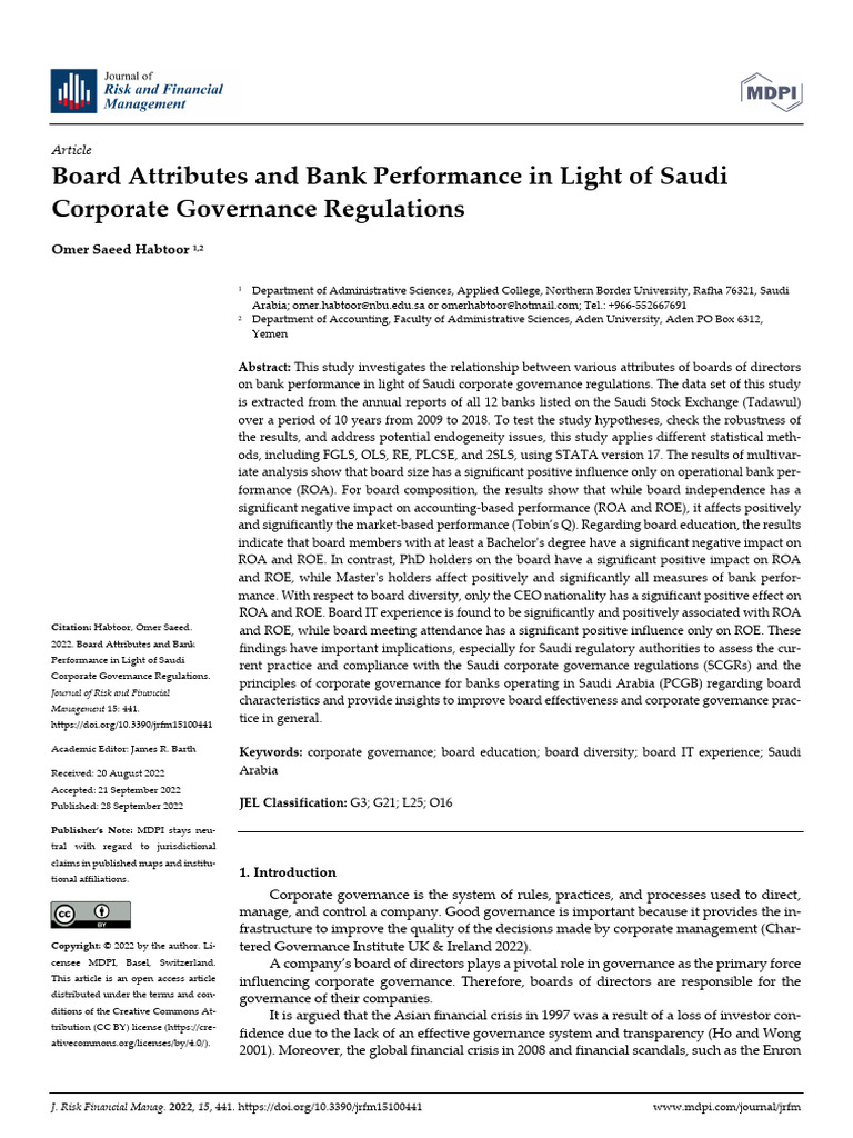 Board Attributes and Bank Performance in Light of Saudi Corporate ...
