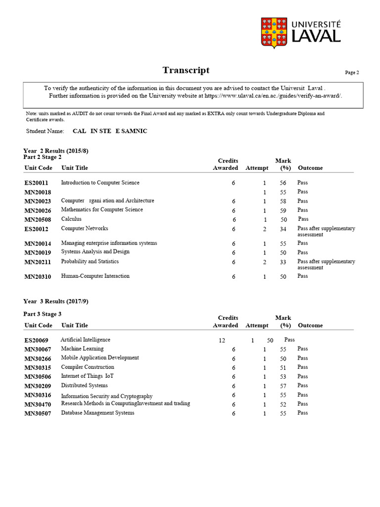 University Transcript for Calvin Samnick | PDF | Computer Science ...