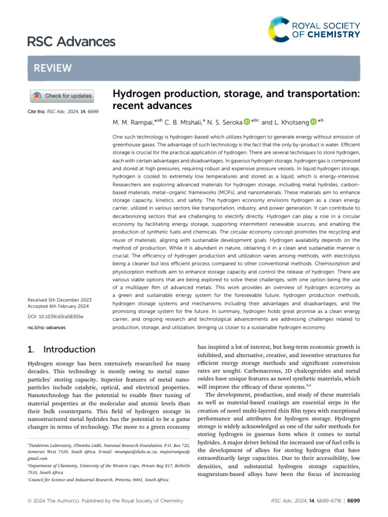 Hydrogen Production Storage and Transportation Rec | PDF | Hydrogen | Fuels