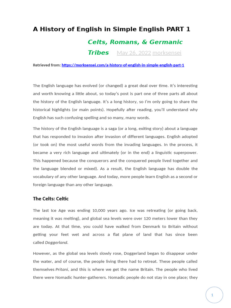 A+History+of+English+in+Simple+English+PART+1 | PDF | Celts | Germanic ...