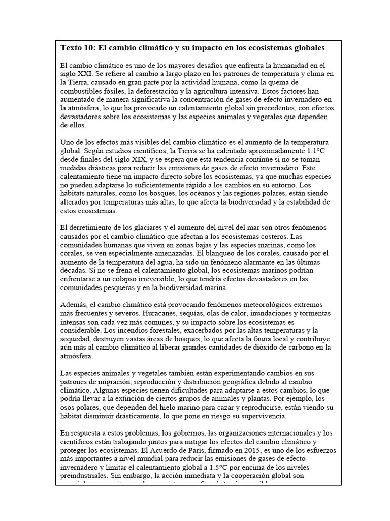 Texto 10: El Cambio Climático y Su Impacto en Los Ecosistemas Globales ...