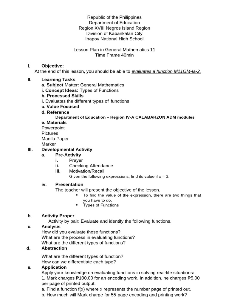 General Math Lesson Plan: Evaluating Functions | PDF