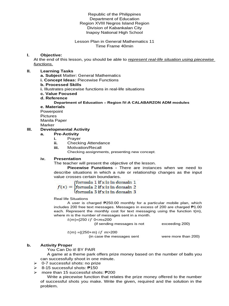 DLP 3. PIECEWISE FUNCTIONS IN REAL-LIFE SITUATION - Copy | PDF ...