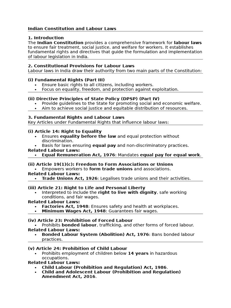 Indian Constitution and Labour Laws | PDF | Labour Law | Employment