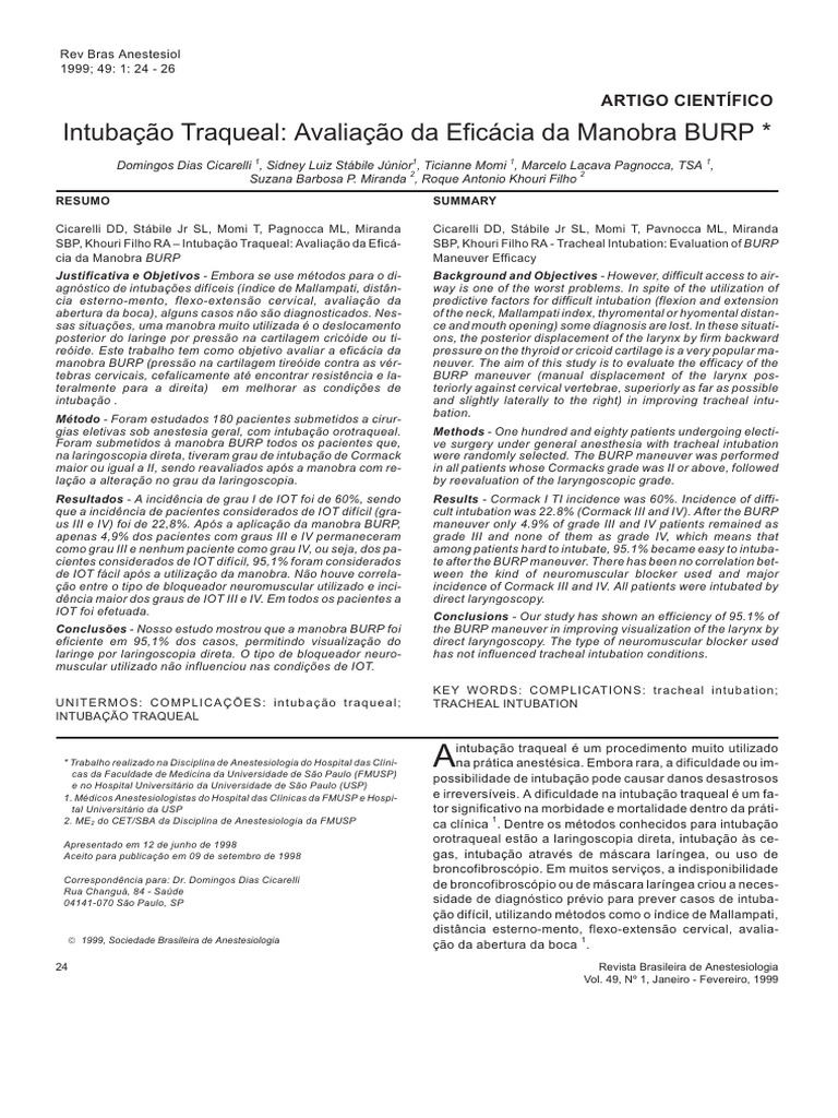 Eficácia da Manobra BURP na Intubação | PDF | Medicina Clínica | Anestesia