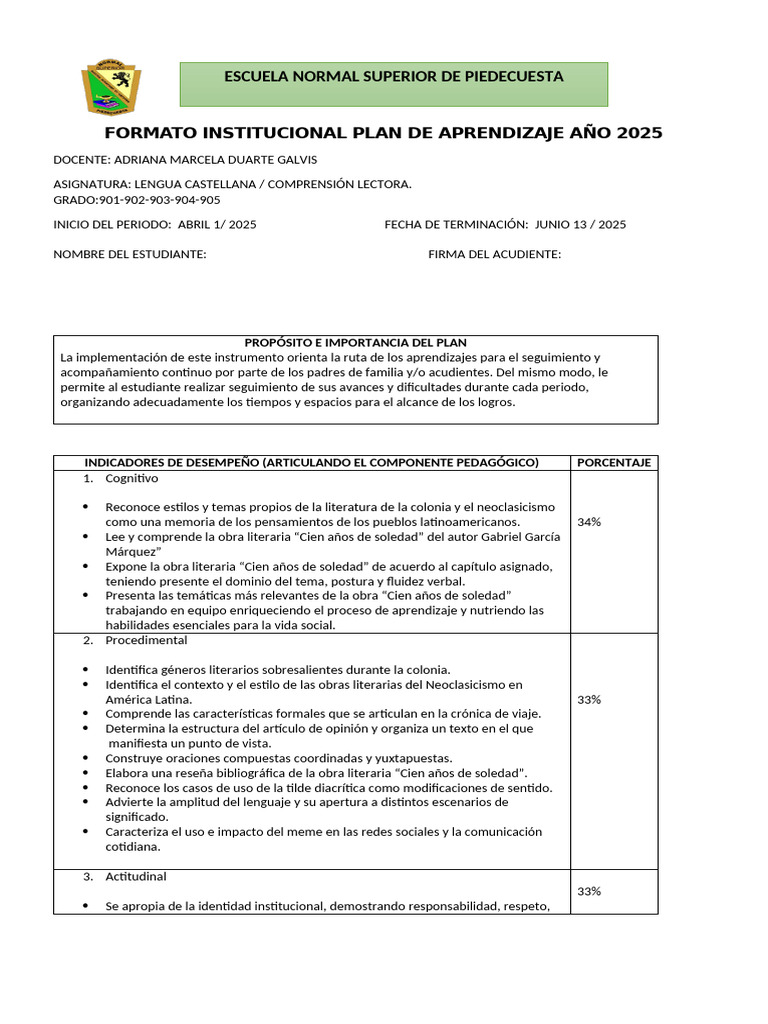 Plan de Aprendizaje Lengua 2025 | PDF | Comprensión lectora | Aprendizaje