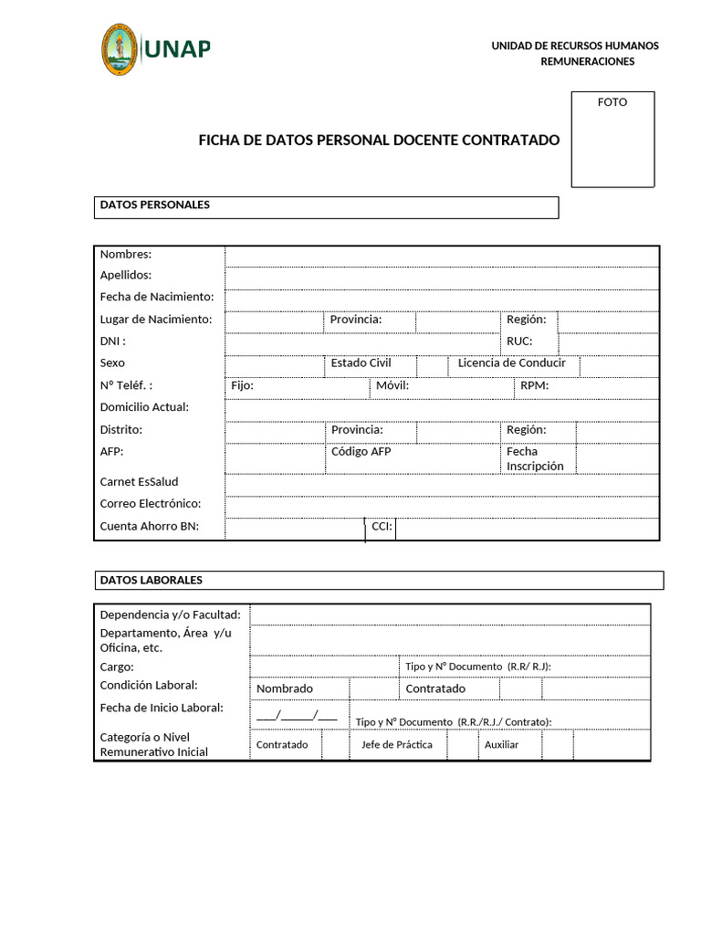 Ficha de Datos del Docente Contratado | PDF | Control de acceso ...