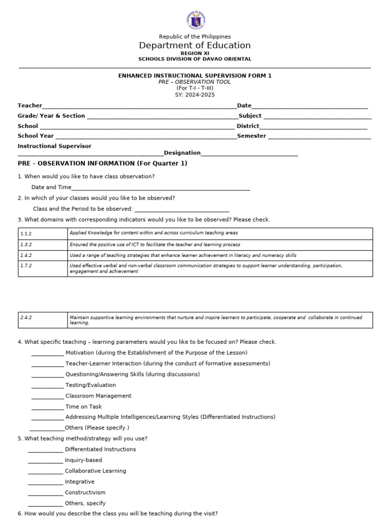 Pre-Observation Tool for Teachers 2024-2025 | PDF | Differentiated ...