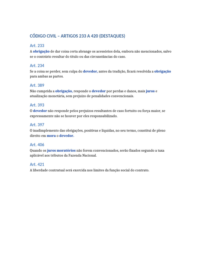 Destaques do Código Civil: Artigos 233-421 | PDF