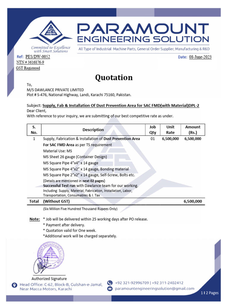 052 Supply Fab Installation Of Dust Prevention Area For Sac Fmd Area