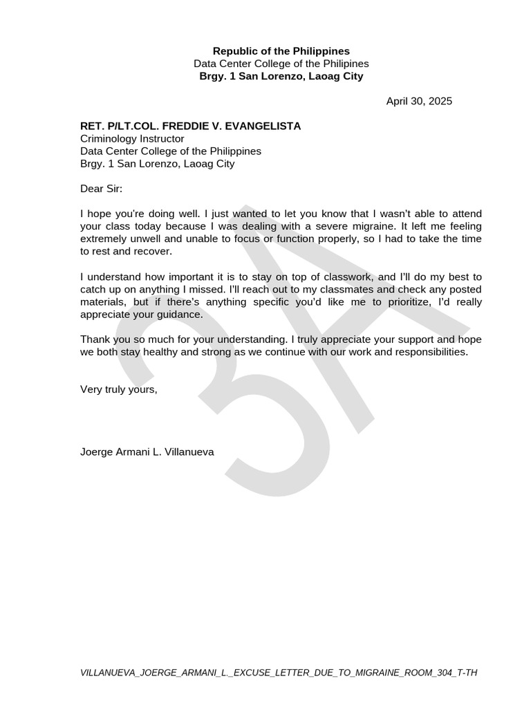 Excuse Letter for Severe Migraine | PDF