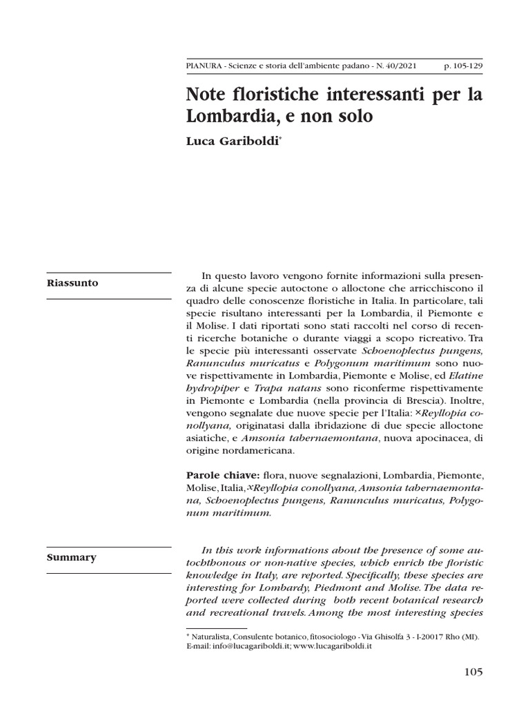 Note Floristiche Interessanti Per La Lombardia, e Non Solo | PDF
