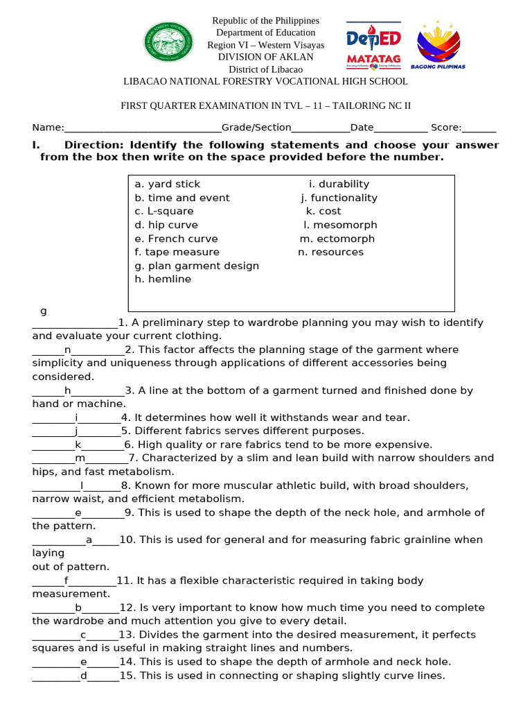 TVL 11 Tailoring Exam Guide | PDF | Clothing | Textiles