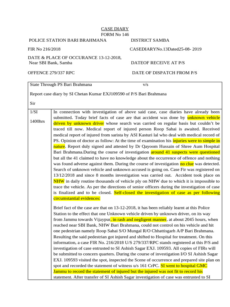 Case Diary of FIR 216/2018 Investigation | PDF