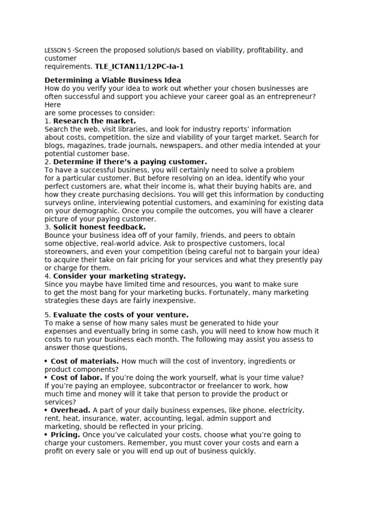 Evaluating Viable Business Ideas | PDF | Cost | Customer