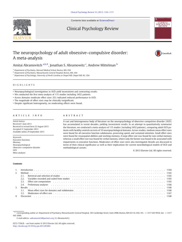 Neuropsychology of OCD: Meta-Analysis | PDF | Effect Size | Obsessive ...
