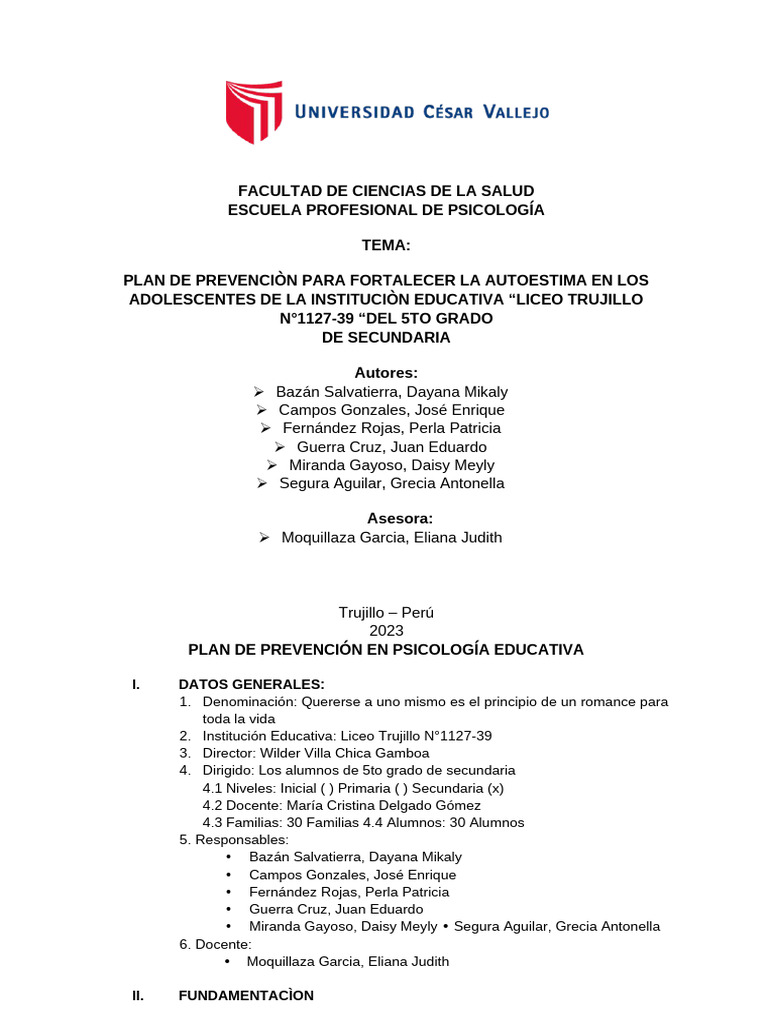 PLAN DE INTERVENCION Semana 11CONCLUSIONES | PDF | Autoestima ...