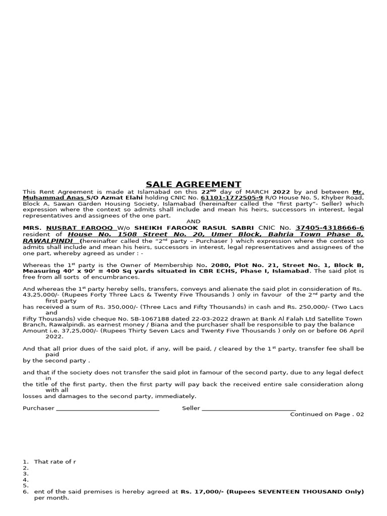 Sale Agreement Plot No 21 | PDF | Lease | Leasehold Estate
