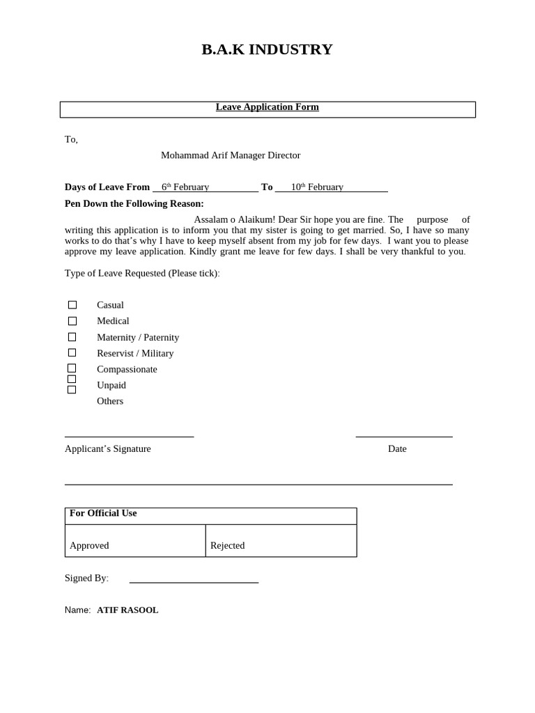 Leave Application Form For Company | PDF