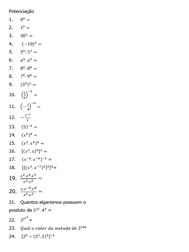 Exercícios de Potenciação e Propriedades | PDF