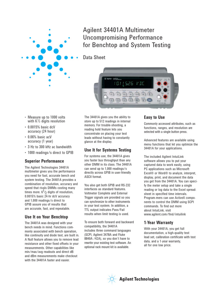 Agilent 34401A Multimeter Specs | PDF | Alternating Current | Electronics